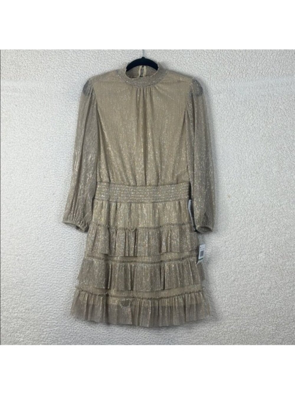 NWT MSK Womens Gold Metallic Sparkle Mock Neck Smocked Tiered Dress L LARGE
